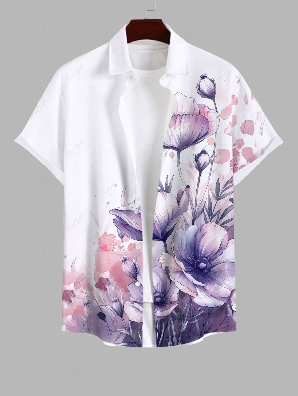 Chemise Fleurs Feuilles Imprimées Aquarelle avec Poche de Grande Taille avec Boutons pour Homme Blanc L