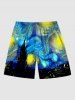 Plus Size Painting Spiral Galaxy Castle City Print Hawaii Drawstring Beach Shorts For Men -  