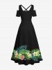 Plus Size Tropical Leaf Hibiscus Flowers Print Cold Shoulder Crisscross Hawaii Maxi Dress -  