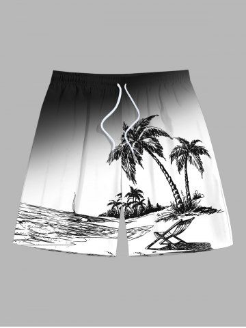 Plus Size Tropical Seascape Coconut Tree Sailboat Lounge Chair Ombre Print Pocket Hawaii Beach Shorts - BLACK - L