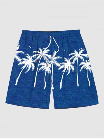 Short de Plage Hawaïen Arbre Noix de Coco et Oiseau Imprimés de Grande Taille avec Poche - DEEP BLUE - M