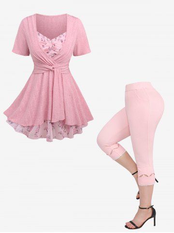 Flower Print Sequin Mesh Marled Textured Twist 2 In 1 Top and Hollow Out Lace Embossed Capri Leggings Plus Size Summer Outfit - LIGHT PINK