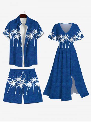 Coconut Tree Bird Print Plus Size Matching Hawaii Beach Outfit For Couples - DEEP BLUE