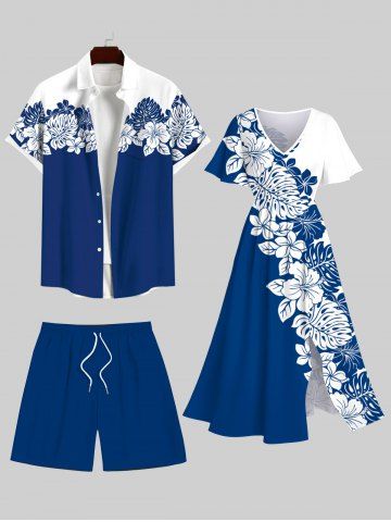 Hibiscus Flower Palm Leaf Two Tone Colorblock Print Plus Size Matching Hawaii Beach Outfit For Couples - BLUE