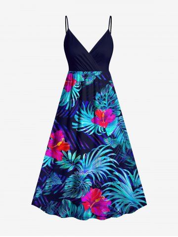 Plus Size Tropical Leaf Hibiscus Flowers Print Surplice Hawaii Cami Dress - MULTI-A - S