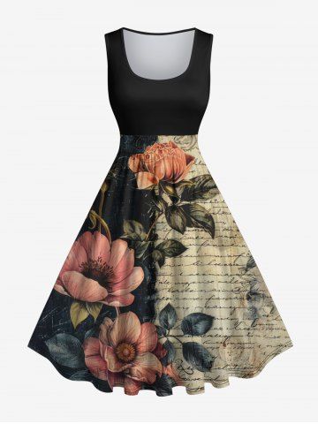 Plus Size Flowers Leaf Newspaper Print Vintage Dress - BLACK - S