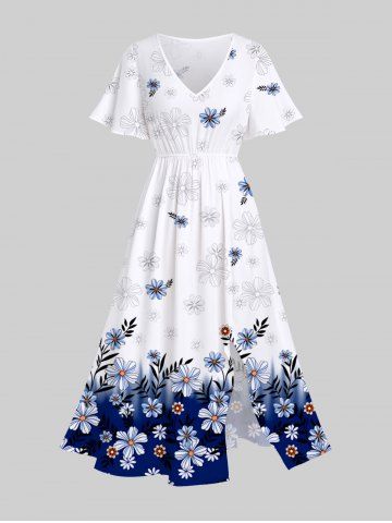 Plus Size Daisy Flower Grass Print Hawaii Split Pocket A Line Midi Dress - WHITE - S