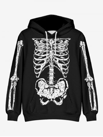 Plus Size Skeleton Print Kangaroo Pocket Drawstring Pullover Hoodie For Men - BLACK - 3XL