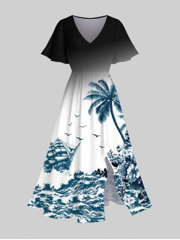 Plus Size Coconut Tree Sea Waves Floral Sailboat Print Hawaii Ombre Split Pocket A Line Midi Dress - MULTI-A - 1X