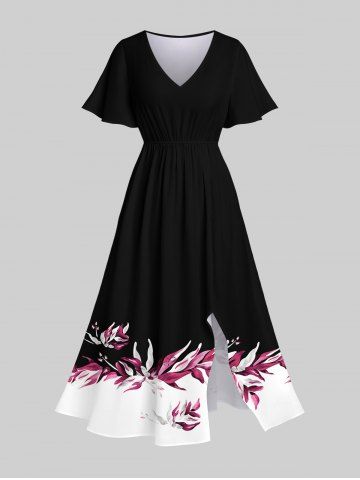 Plus Size Tropical Leaves Floral Contrast Colorblock Print Hawaii Pocket Split A Line Midi Dress - BLACK - XS