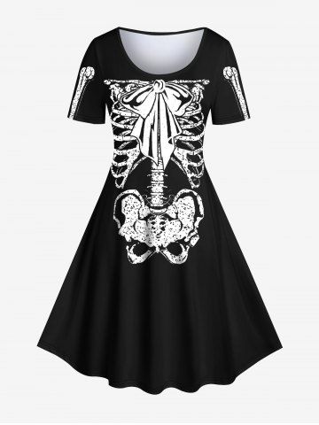 Plus Size Skeleton Bowknot Print Vintage A Line Dress - BLACK - S