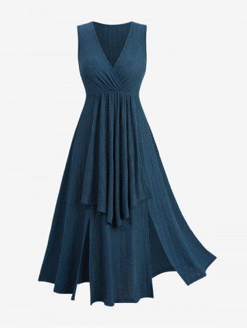 Plus Size Surplice Textured Ribbed Ruffles Split Solid A Line Dress with Removable PU Strap Buckle Belt