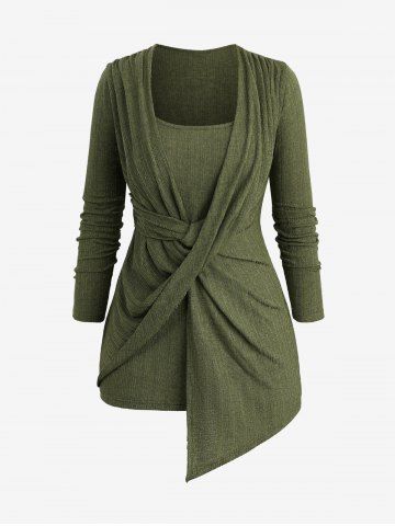 Plus Size Twist Ruched Asymmetrical Ribbed Textured Top - Deep Green - M | Us 10