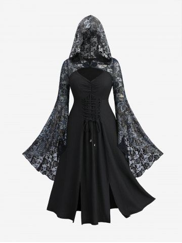 Plus Size Ruched Lace-up Rose Flower Lace Flare Sleeves Split Hooded Dress - BLACK - 3X | US 22-24