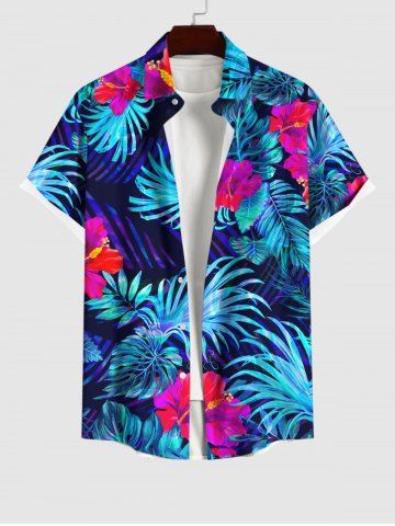 Plus Size Tropical Leaf Hibiscus Flowers Print Buttons Pocket Hawaii Shirt For Men
