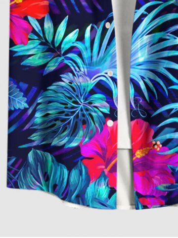 Plus Size Tropical Leaf Hibiscus Flowers Print Buttons Pocket Hawaii Shirt For Men