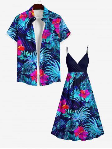 Tropical Leaf Hibiscus Flowers Print Plus Size Matching Hawaii Beach Outfit For Couples