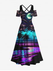 Plus Size Coconut Tree Moon Colorful Sea Surface Print Cold Shoulder Crisscross Hawaii Maxi Dress -  