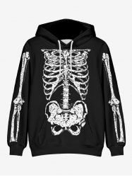 Halloween Skeleton Print Kangaroo Pocket Drawstring Pullover Hoodie For Men -  