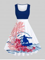 Plus Size Coconut Tree Floral Sea Waves Surfer Print Hawaii Vintage A Line Swing Dress -  