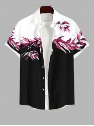 Plus Size Tropical Leaves Floral Contrast Colorblock Print Hawaii Buttons Pocket Shirt For Men -  