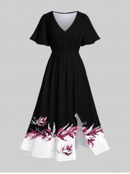 Plus Size Tropical Leaves Floral Contrast Colorblock Print Hawaii Pocket Split A Line Midi Dress -  