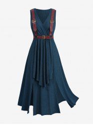 Plus Size Surplice Textured Ribbed Ruffles Split Solid A Line Dress with Removable PU Strap Buckle Belt -  