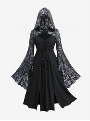 Plus Size Ruched Lace-up Rose Flower Lace Flare Sleeves Split Hooded Dress -  