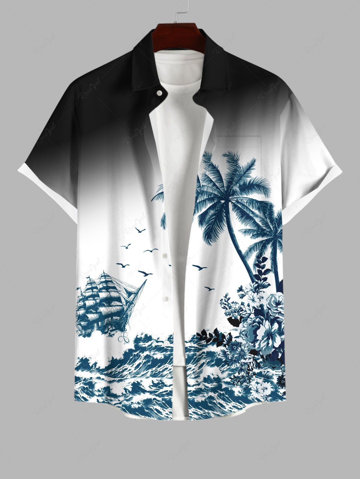 Chemise à Bretelles Imprimé Cocotiers et Vagues Marines avec Poches et Boutons Grande-Taille pour Hommes Multi-A 2XL
