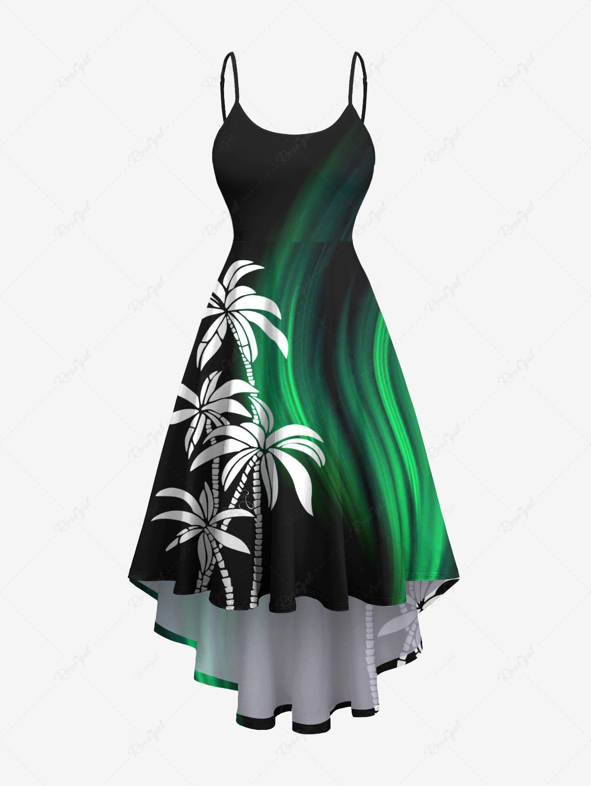 Affordable Plus Size Coconut Tree Glitter Curve Light Beam 3D Print Hawaii High Low Cami Dress  