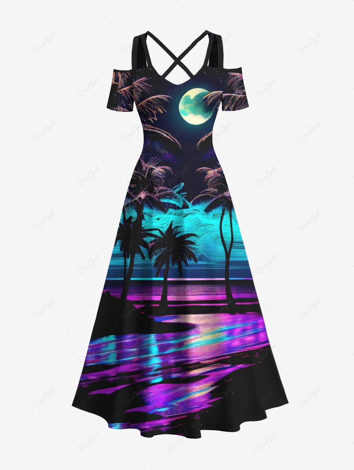 Discount Plus Size Coconut Tree Moon Colorful Sea Surface Print Cold Shoulder Crisscross Hawaii Maxi Dress  