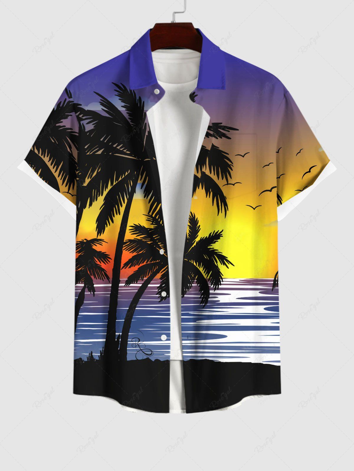 Chemise Ombre à Boutons avec Poche Imprimé Cocotiers et Ciel Grande Taille pour Homme Multi-A XL