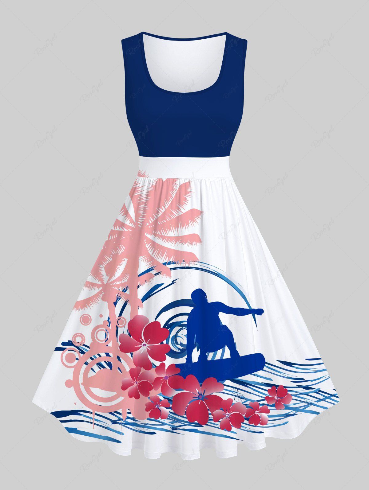 Cheap Plus Size Coconut Tree Floral Sea Waves Surfer Print Hawaii Vintage A Line Swing Dress  