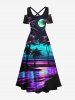 Plus Size Coconut Tree Moon Colorful Sea Surface Print Cold Shoulder Crisscross Hawaii Maxi Dress -  