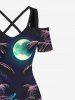 Plus Size Coconut Tree Moon Colorful Sea Surface Print Cold Shoulder Crisscross Hawaii Maxi Dress -  