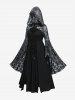Plus Size Ruched Lace-up Rose Flower Lace Flare Sleeves Split Hooded Dress -  
