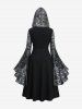 Plus Size Ruched Lace-up Rose Flower Lace Flare Sleeves Split Hooded Dress -  
