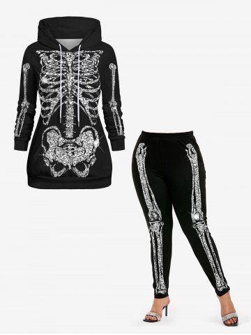 Halloween Skeleton Glitter 3D Print Drawstring Hoodie and Leggings Plus Size Matching Set - BLACK