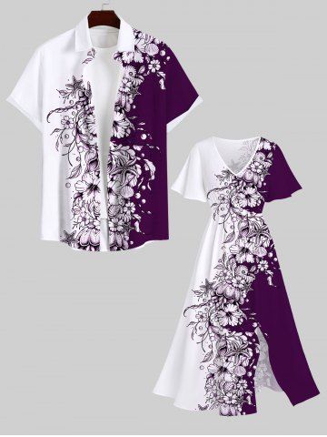 Contrast Colorblock Flowers Leaf Print Plus Size Matching Hawaii Beach Outfit For Couples - MULTI-A
