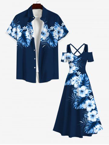 Tropical Leaf Hibiscus Flowers Print Plus Size Matching Hawaii Beach Outfit For Couples - MIDNIGHT BLUE