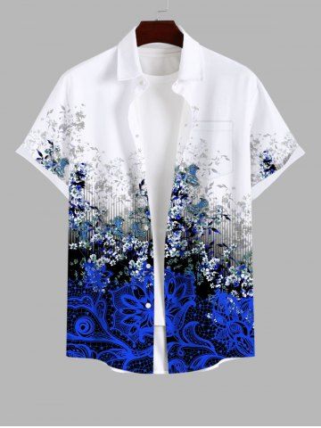 Plus Size Paisley Flowers Leaf Ink Painting Glitter 3D Print Buttons Pocket Hawaii Shirt For Men