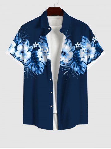 Plus Size Tropical Leaf Hibiscus Flowers Print Buttons Pocket Hawaii Shirt For Men - MIDNIGHT BLUE - L