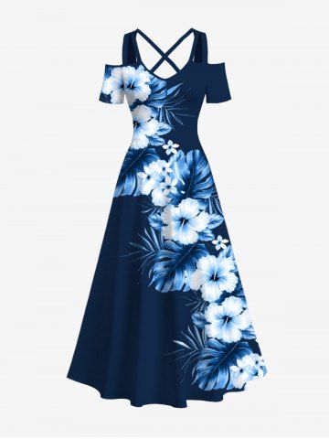 Plus Size Tropical Leaf Hibiscus Flowers Print Cold Shoulder Crisscross Hawaii Maxi Dress - MIDNIGHT BLUE - XS