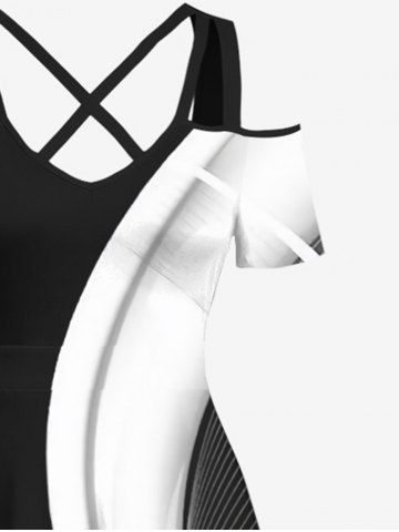 Plus Size Curved Line Colorblock Print Hawaii Crisscross A Line Maxi Dress