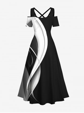 Plus Size Curved Line Colorblock Print Hawaii Crisscross A Line Maxi Dress