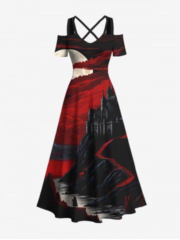 Plus Size Cold Shoulder Castle Cloud Moon River Print Crisscross A Line Maxi Dress - BLACK - 1X