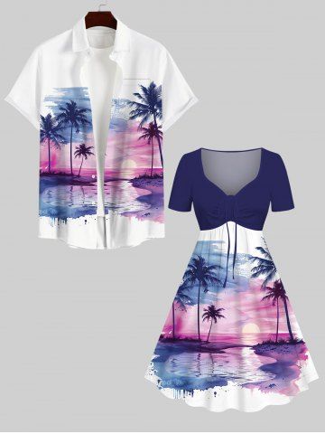 Coconut Tree Sea Ink Painting Sun Print Plus Size Matching Hawaii Beach Outfit For Couples - MULTI-A