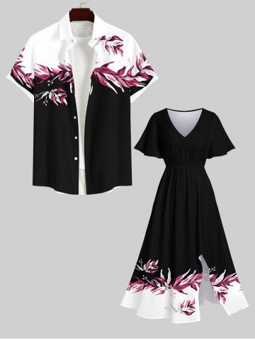 Tropical Leaves Floral Contrast Colorblock Print Plus Size Matching Hawaii Beach Outfit For Couples