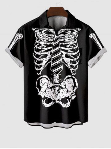 Plus Size Skeleton Tie Print Halloween Button Pocket Shirt For Men