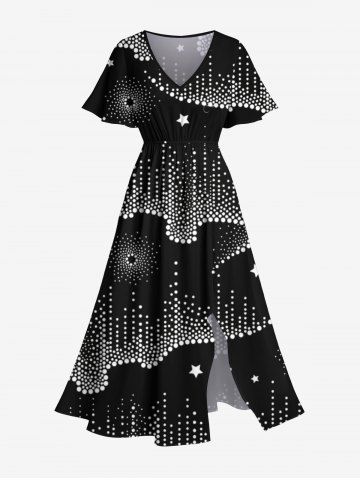 Plus Size Light Beam Tassel Chandelier Stars Print Hawaii Split Pocket A Line Midi Dress - BLACK - XS